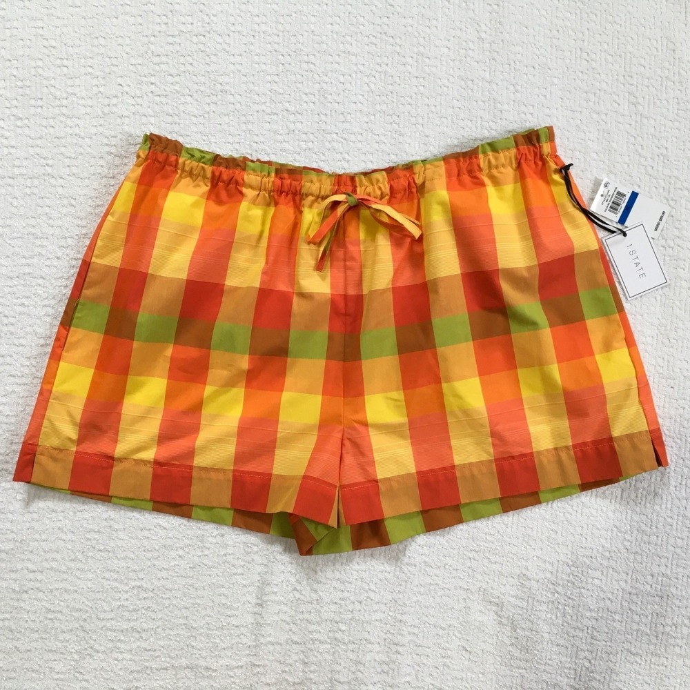 1.STATE Womens XL Plaid Drawstring Shorts Dopamine Beach Preppy Resortwear